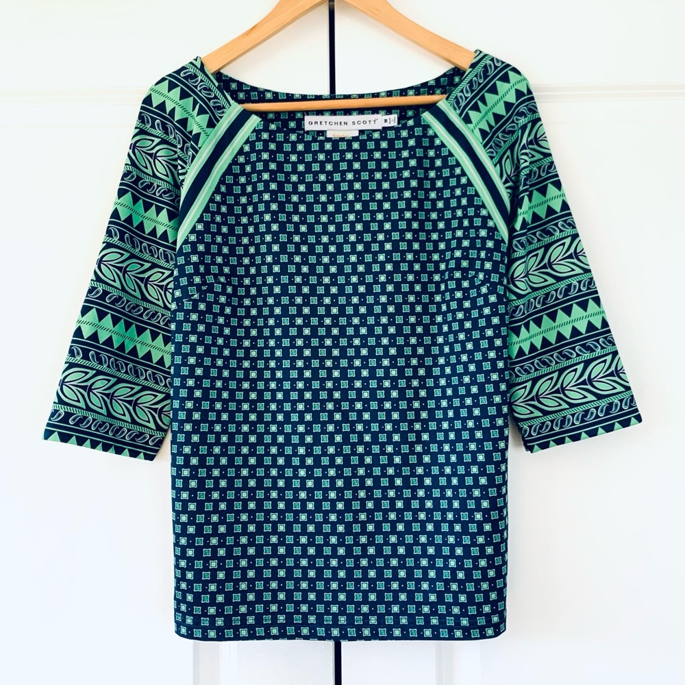 Gretchen Scott Jersey Top Kanga Printed 3/4 Sleeve Boat Neck Shirt Blouse Size M